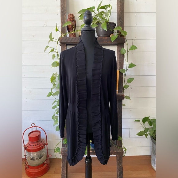Valerie Steven’s: Elegant Black Open-Front Cardigan Sweater with Ruffle Trim - Picture 6 of 17